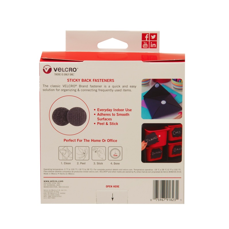 Velcro Dots 3/4" Dia. Sticky Back Hook & Loop Fastener, Black, 200/Pack (91823)