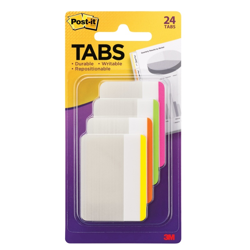 Post-It® Durable Filing Tabs, 2" Wide, 4 Assorted Colors, 24 Tabs/Pack (686F1bb)