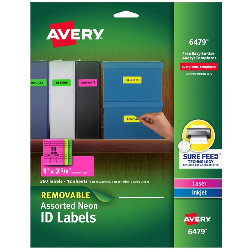 Avery Laser/Inkjet Identification Labels, 1" X 2 5/8", Assorted Neon Colors, 30/Sheet, 12 Sheets/Pack (6479)