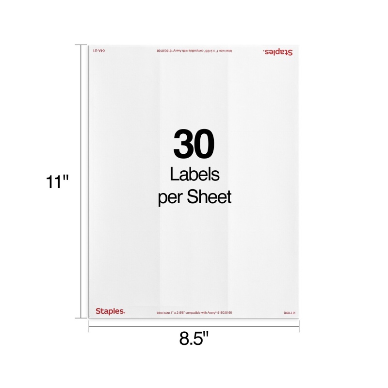 Staples® Laser/Inkjet Address Labels, 1" X 2 5/8", White, 30 Labels/Sheet, 25 Sheets/Pack, 750 Sheets/Box (St18054-Cc)