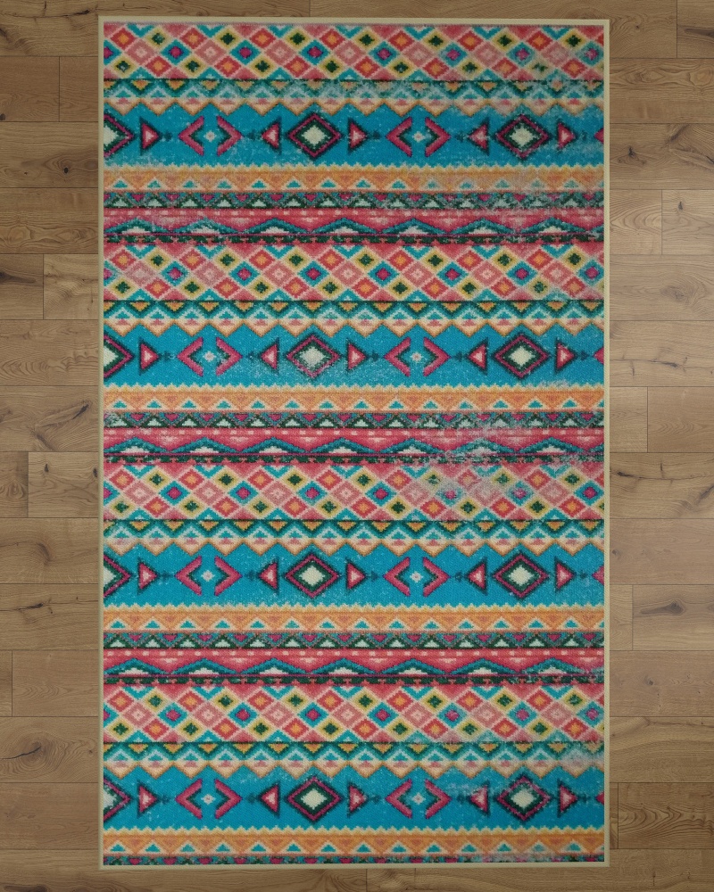 Deerlux Boho Living Room Area Rug With Nonslip Backing, Turquoise Aztec Pattern