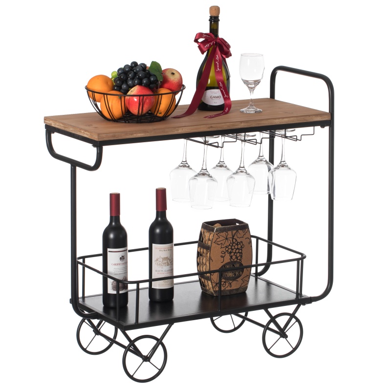 Metal Wine Bar Serving Cart with Rolling Wheels