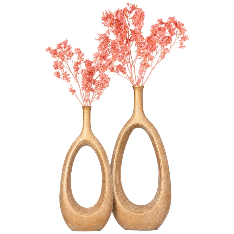 Uniquewise Set Of 2 Fiberglass Floor Vases With Pink Preserved Pansy Flowers, Modern Boho Oval Open Center Decorative Vases For Living Room, Entryway, Office, Fireplace & Home Decor Accent