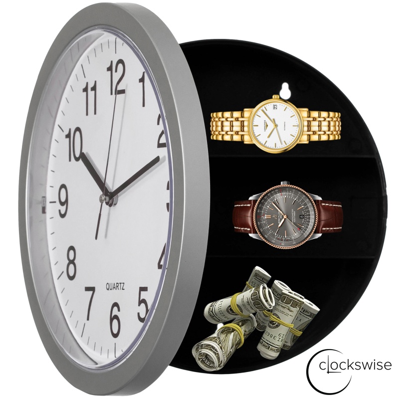 Black Wall Mounted Clock with Hidden Storage Door