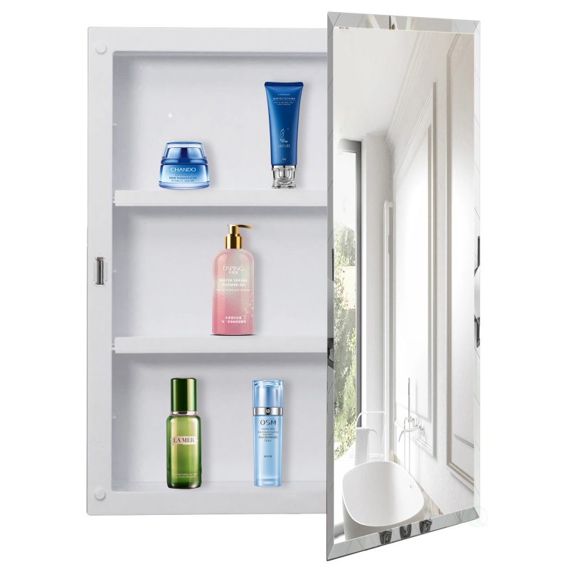 Basicwise Single Door Multi-Purpose Plastic Bathroom Medicine Cabinet With Mirror, Surface Or Recessed Mount, Vanity Cabinet With 2 Plastic Adjustable Shelves, White