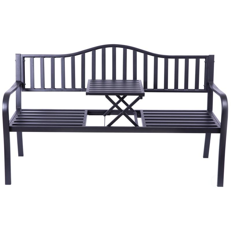 Outdoor Powder Coated Steel Park Bench, Garden Bench With Pop Up Middle Table, Lawn Decor Seating Bench For Yard, Patio, Garden, Balcony, And Deck