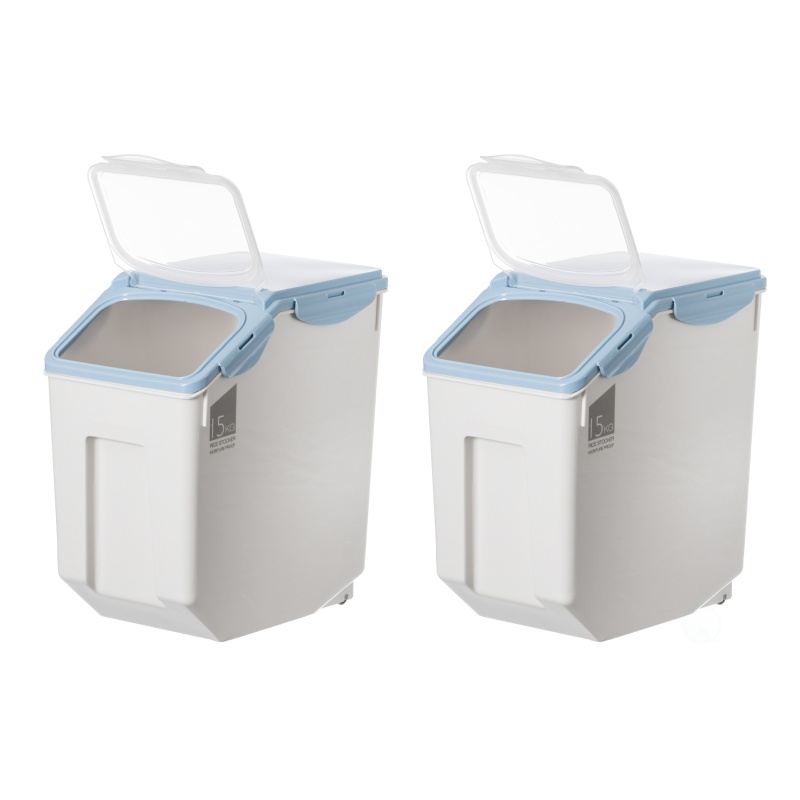 Set Of 2 White Plastic Storage Food Holder Containers, With A Measuring Cup And Wheels