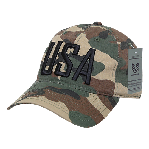 Relaxed Ripstop Cap, USA Text, Woodland - Embroidered Cotton Hat