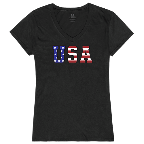 Graphic V-Neck Flag Text T-Shirt - Black
