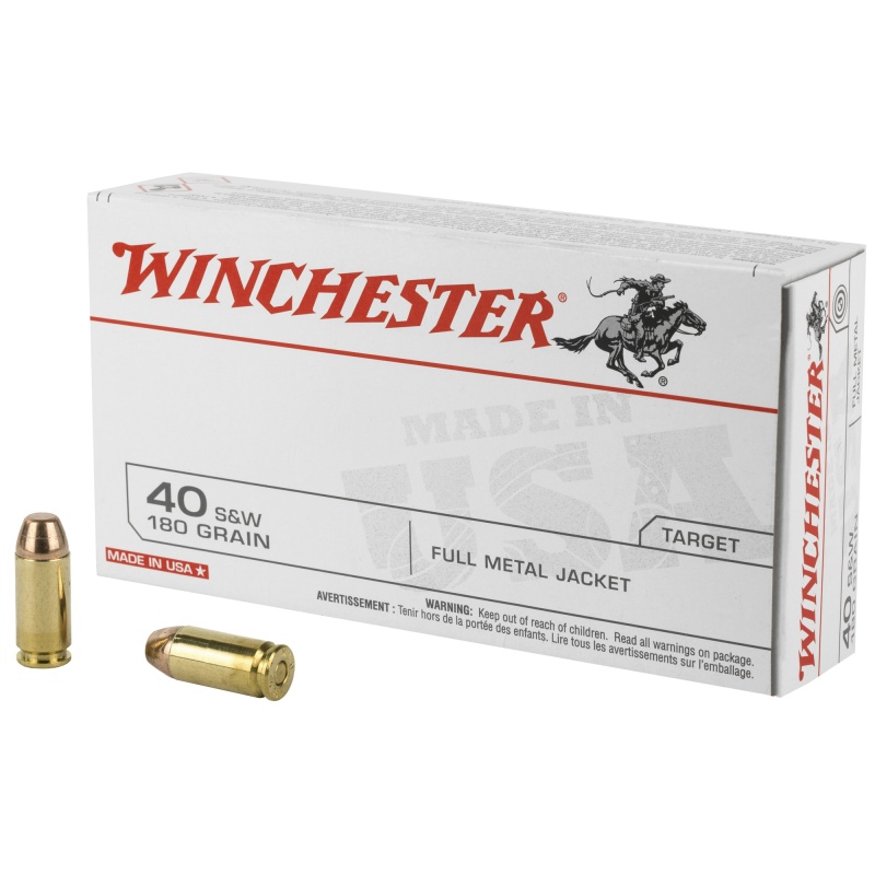 Winchester USA 40 S&W 180 Grain FMJ Ammunition, 50-Round Box