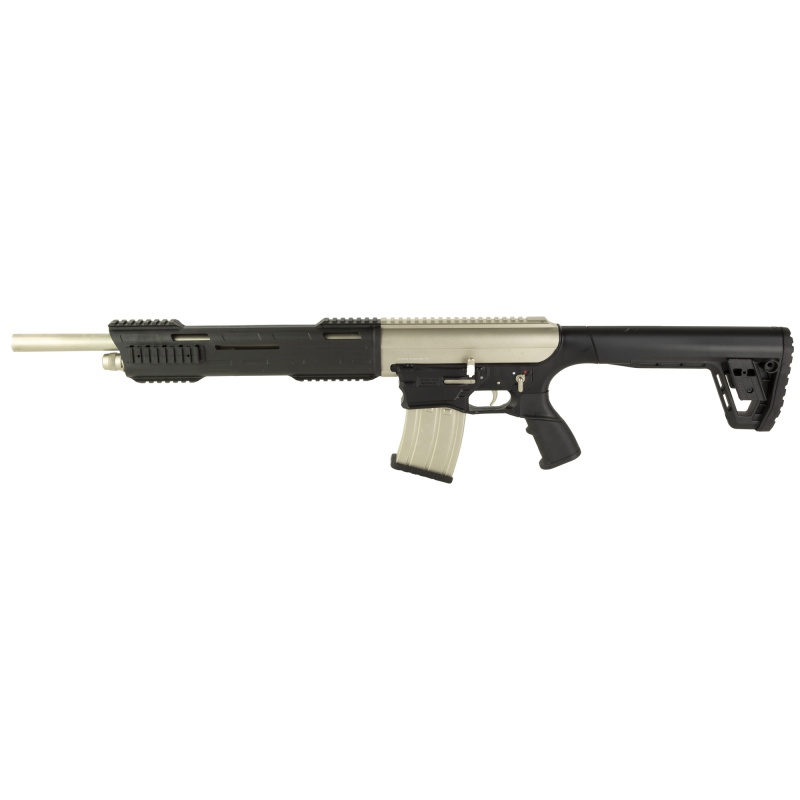 Tokarev Shotguns, Tar 12Mp, Semi-Automatic Shotgun, 12 Gauge, 3" Chamber, 18.5" Chrome Lined Barrel, Tsunami Finish, Black And Silver, Front/Rear Flip-Up Sights, Includes 3 Benelli Mobil Chokes - Full, Modified & Cylinder, 5 Rounds, 1 Magazines
