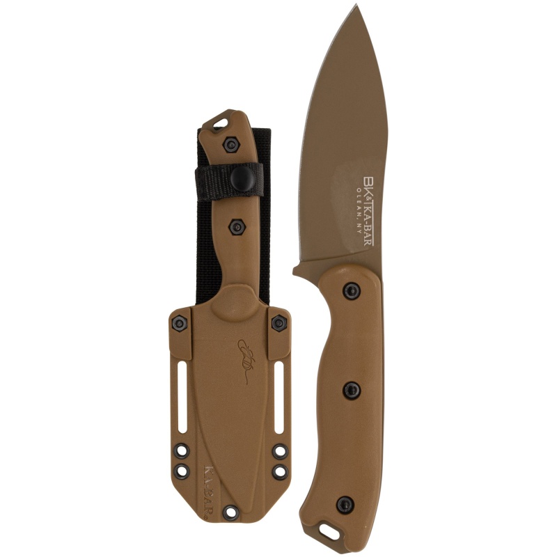 Ka-Bar Knives, Becker Nessmuk, Fixed Blade Knife, Nessmuk 4.312" Blade Length, 9.125" Overall Length, Plain Edge, 1095 Cro-Van Steel, Ultramid Handle, Coyote Brown, Includes Celcon Sheath