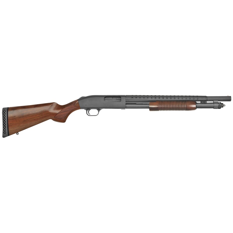Mossberg, 590, Retrograde, Pump Action, 12 Gauge, 3" Chamber, 18.5" Heavy Barrel, Blue Finish, Wood Stock, Ambidextrous, 6 Rounds, Bead Sight