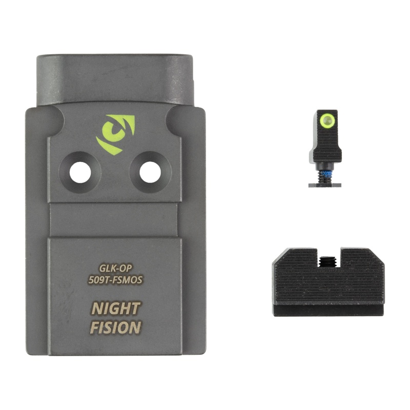 Night Fision, Optic Plate + Backup Sight Combo, Yellow Front Night Sight With Black Rear, Holosun 509T Optic Plate, Fits Full Size Glock Mos
