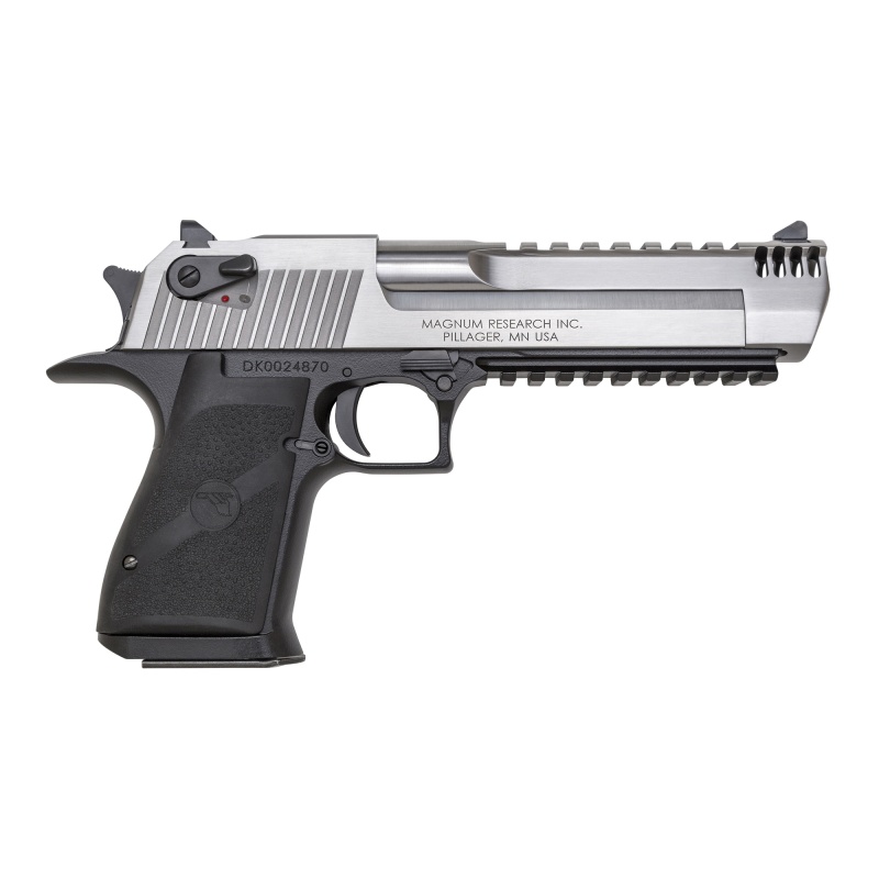 Magnum Research, Desert Eagle, Mk19, Single Action, Semi-Automatic, Metal Frame Pistol, Full Size, 50 Action Express, 6" Barrel, Aluminum, Black, Plastic Grips, Fixed Sights, Ambidextrous Thumb Safety, 7 Rounds, Stainless Steel Slide And Barrel, 1 Magazine, Integral Muzzle Brake, Ambidextrous