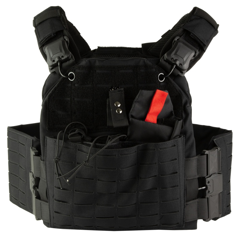 Ncstar, Quick Release Laser Cut Plate Carrier, Black, Size Medium-2Xl, Quick Release Metal Buckles At Shoulders And Sides, Side Plate Panel Pockets Fit 6"X11" Side Plates, Laser Cut Molle Slots, Kangaroo Pouch, Adjustable Cummerbund, Main Pouch Fits 10"X12" Hard Plates
