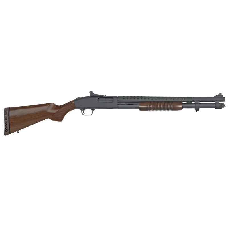 Mossberg, 590A1, Retrograde, Pump, 12 Gauge 3", 20", Blue, Wood, Right Hand, Heavy Barrel, 3", Cylinder, 8 Rounds, Ghost Ring Sight