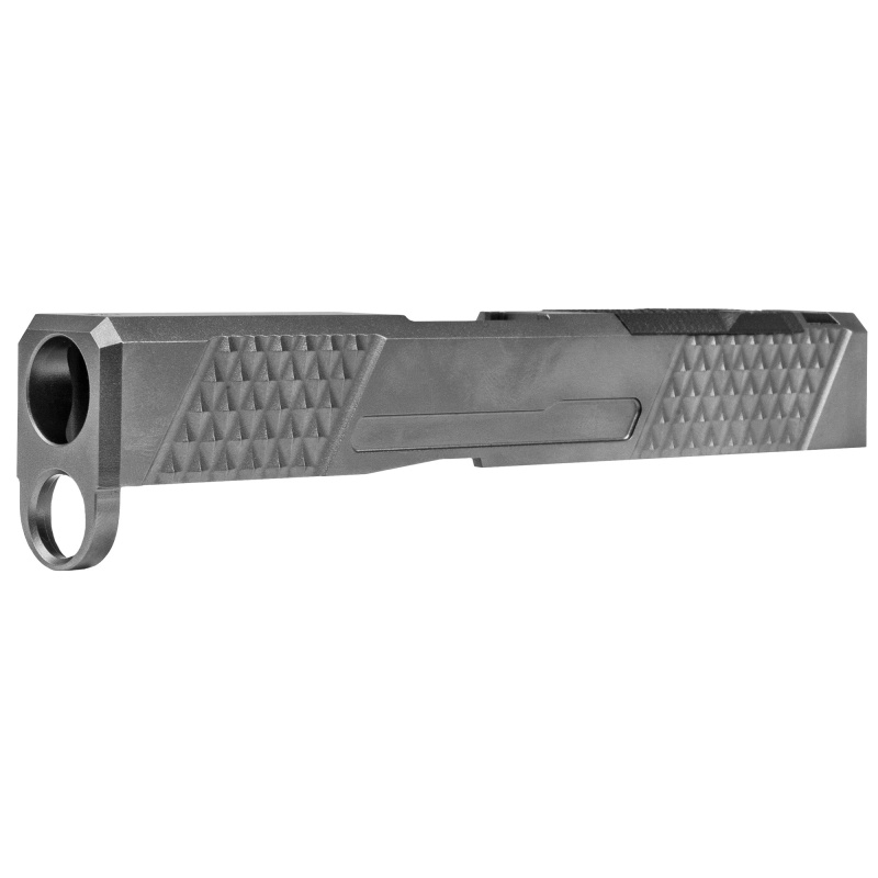 Grey Ghost Precision, Stripped Slide, For Glock 43/43X, Version 2, Optic Cutout Compatible With Shield Rms-C With Correct Length Screws Included, No Mounting Plate Needed, Cover Plate Included, Version 2 Slide Pattern, Dlc Finish, Gray