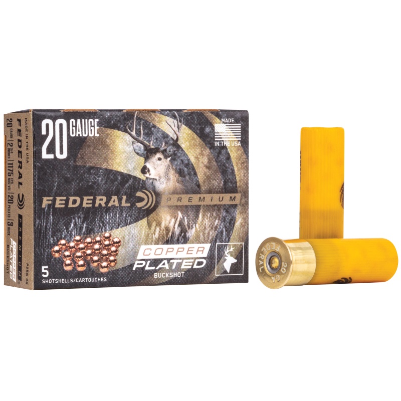 Federal, Premium, Vital Shok, 20 Gauge 2.75", 3 Buck, 1 1/8 Oz, Buckshot, 20 Pellets, 5 Round Box