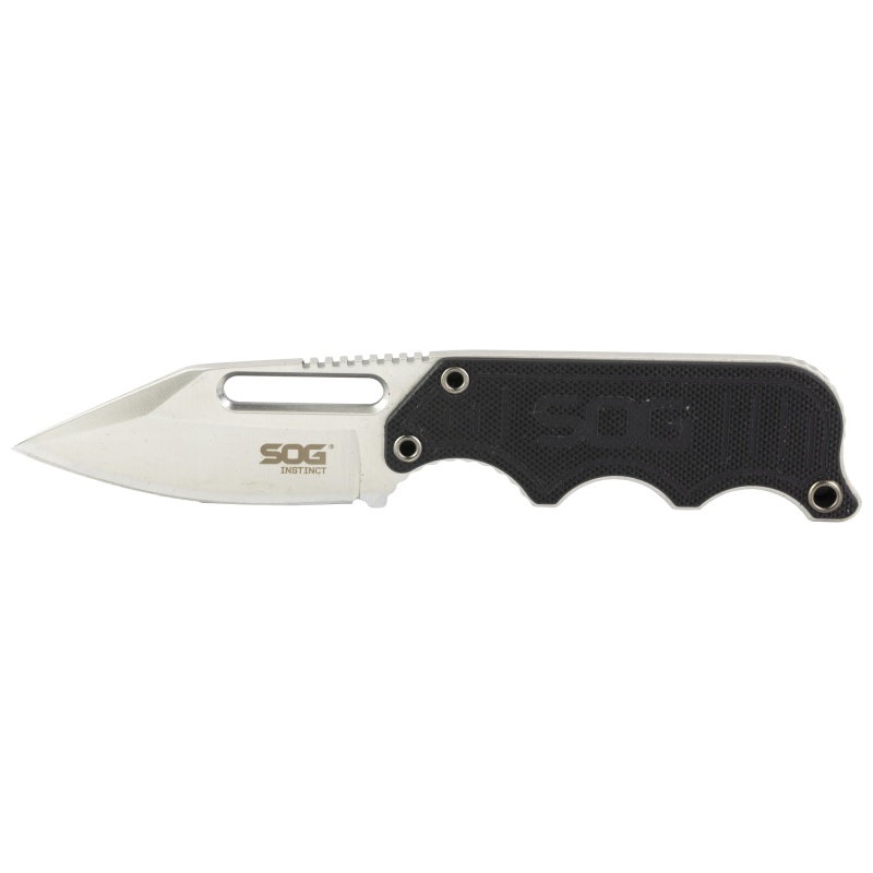 Sog Knives & Tools, Instinct, Fixed Blade Knife, 2.3" Straight Edge Clip Point, Black Stainless Steel And G10 Handle, 5Cr15mov Steel, Satin Finish, Silver, Includes Hard Molded Nylon