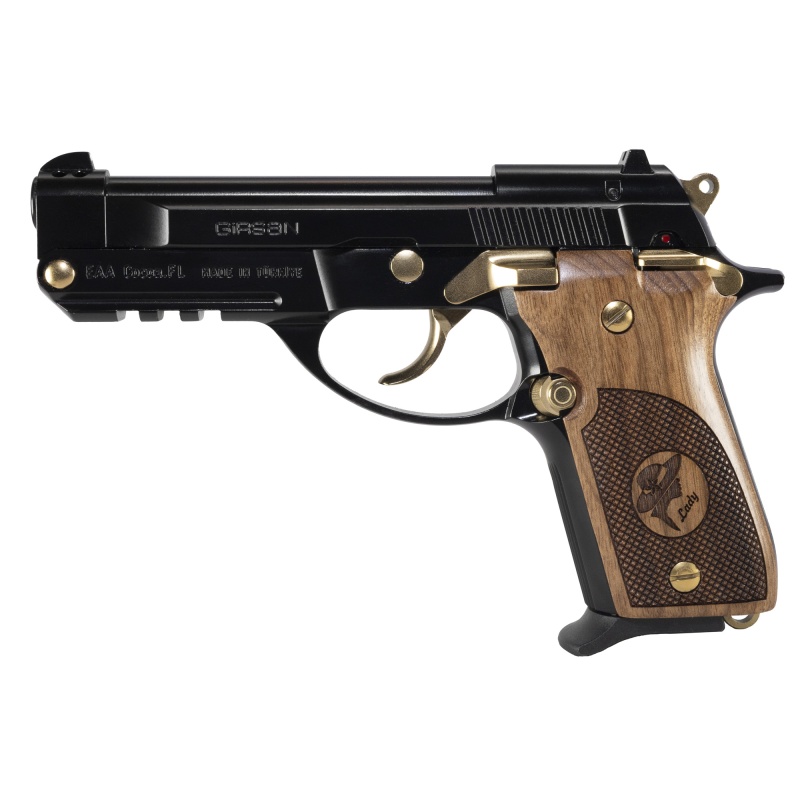 Girsan, Mc14t Lady Tip-Up, Semi-Automatic, Double Action/Single Action, 380 Acp, 4.5" Ported Tip Up Barrel, Blued Finish, Black, Gold Controls, Ambidextrous Safety, Wood Checkered Grips, 13 Rounds, 1 Magazine