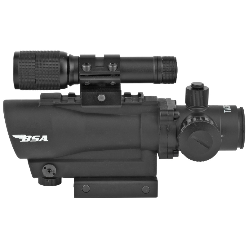 Bsa Optics, Tactical Weapon Rifle Scope, 1X30, Red Dot, Fully Multi Coated Optics, Fast Focus, 4" Eye Relief, Red Dot Reticle 650 Nm 3R Red Laser And 140 Lumen Flashlight, Black