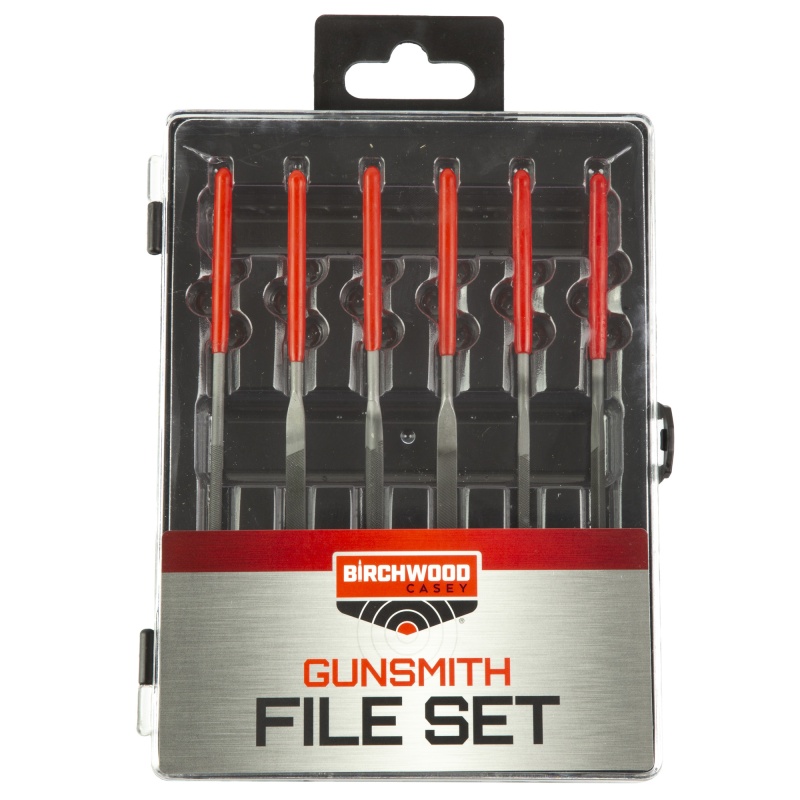 Birchwood Casey, Gunsmith File Set, 6 Piece Set, Hard Carbon Steel Construction, Black/Red, Includes Storage Case