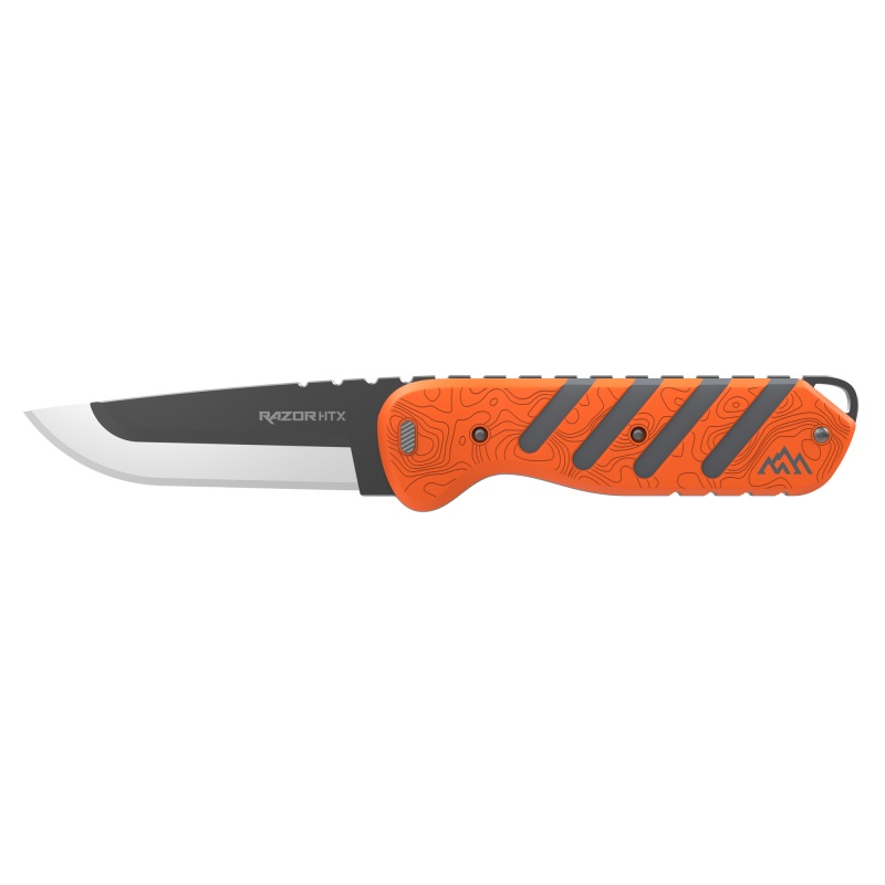 Outdoor Edge, Razor Htx, Folding Knife, Plain Edge, 5" Blade Length, Includes (3) Drop Point Blades, (2) Black Bone Blades, (1) Gutting Blade, (1) Saw Blade Pod, Matte Finish, Orange And Gray Rubberized Aluminum Handle