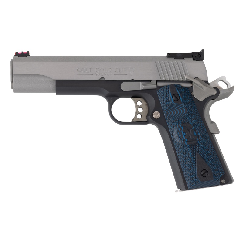 Colt's Manufacturing, Gold Cup Lite, Series 70, 1911, Semi-Automatic, Full Size, 45 Acp, 5" Barrel, Stainless Steel Slide, Blued Finish Frame, G10 Grips, Fiber Optic Front & Adjustable Rear Sights, Right Hand, 8 Rounds, 1 Magazine