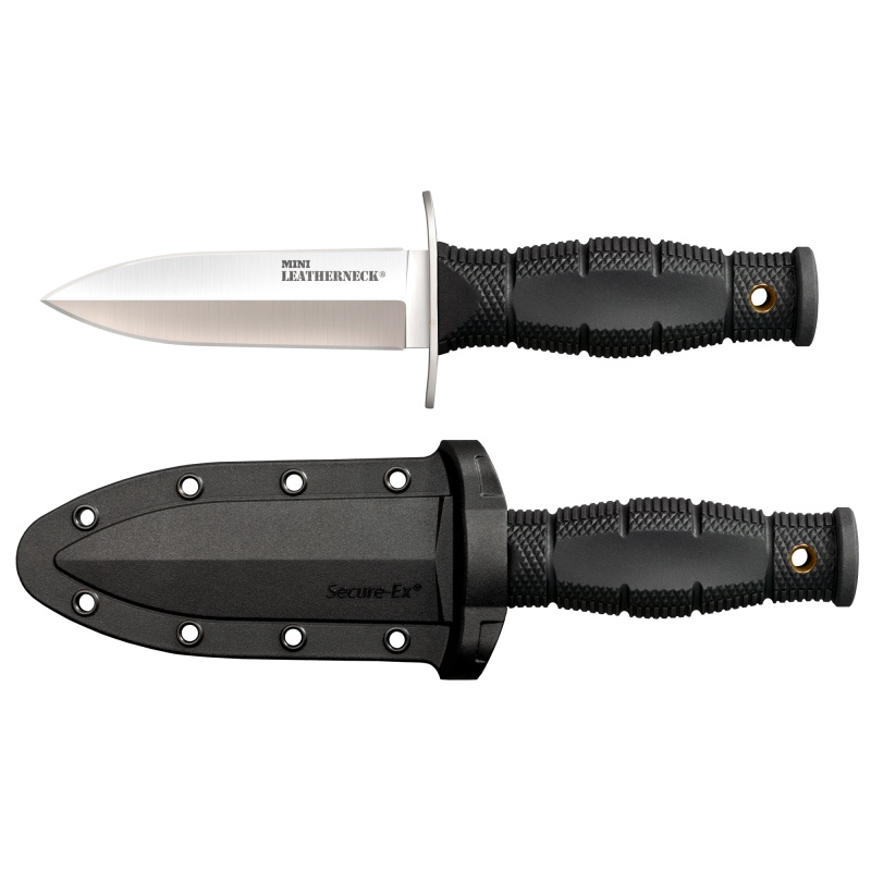 Cold Steel, Mini Leatherneck, Fixed Blade Knife, 3.5" Spear Point Dagger Blade, 6.75" Overall Length, 8Cr13mov Blade Steel, Plain Edge, Satin Finish, Silver, Black Kraton Handle, Includes Secure-Ex Sheath