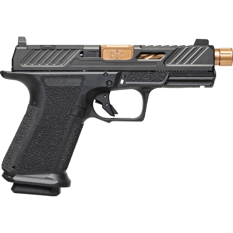 Shadow Systems, Mr920 Elite, Striker Fired, Semi-Automatic, Polymer Frame Pistol, Compact, 9Mm, 4.5" Bronze Spiral And Fluted Barrel, Threaded, Nitride Finish Elite Slide, Black, Optics Ready, Flat Faced Trigger, Trigger Safety, Tritium Front Night Sight, 15 Rounds, 2 Magazines, Includes Optics Kit, Grip Kit, Attache Case, Flared Magwell, Shadow Systems Tool