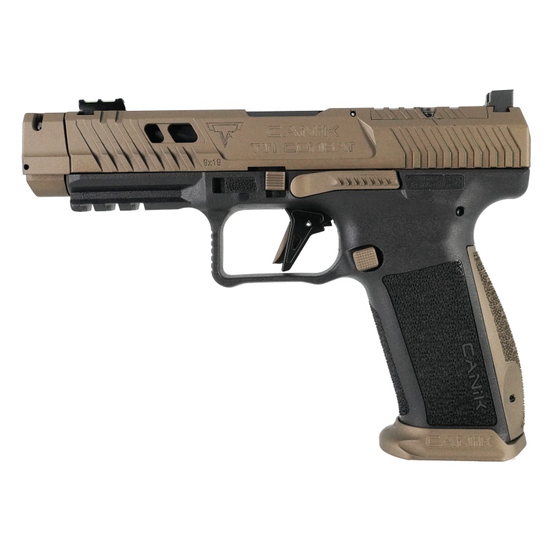Canik, Tti Combat, Striker Fired, Semi-Automatic, Polymer Framed Pistol, Full Size, 9Mm, 4.6" Ported And Fluted Barrel, Canik Compensator, Matte Finish, Tti Bronze, Adjustable Rear Sight, Fiber Optic Front Sight, 18 Rounds, 2 Magazines