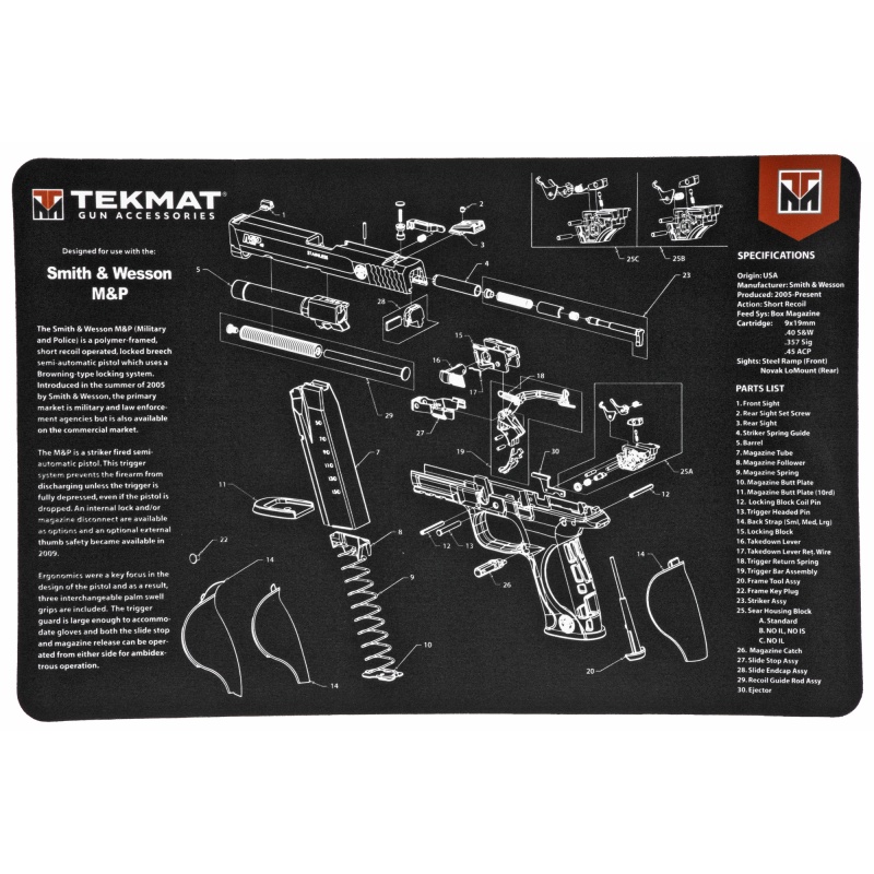 Tekmat, S&W M&P Pistol Mat, 11"X17", Black, Includes Small Microfiber Tektowel, Packed In Tube