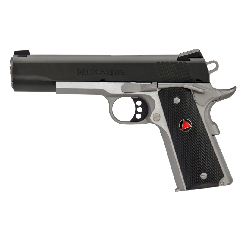 Colt's Manufacturing, Delta Elite, 1911, Semi-Automatic, Metal Frame Pistol, Full Size, 10Mm, 5" Barrel, Steel, Two-Tone Finish, Composite Grips With Delta Medallions, Novak White Dot Sights, 8 Rounds, 1 Magazine, Upswept Beavertail Grip Safety