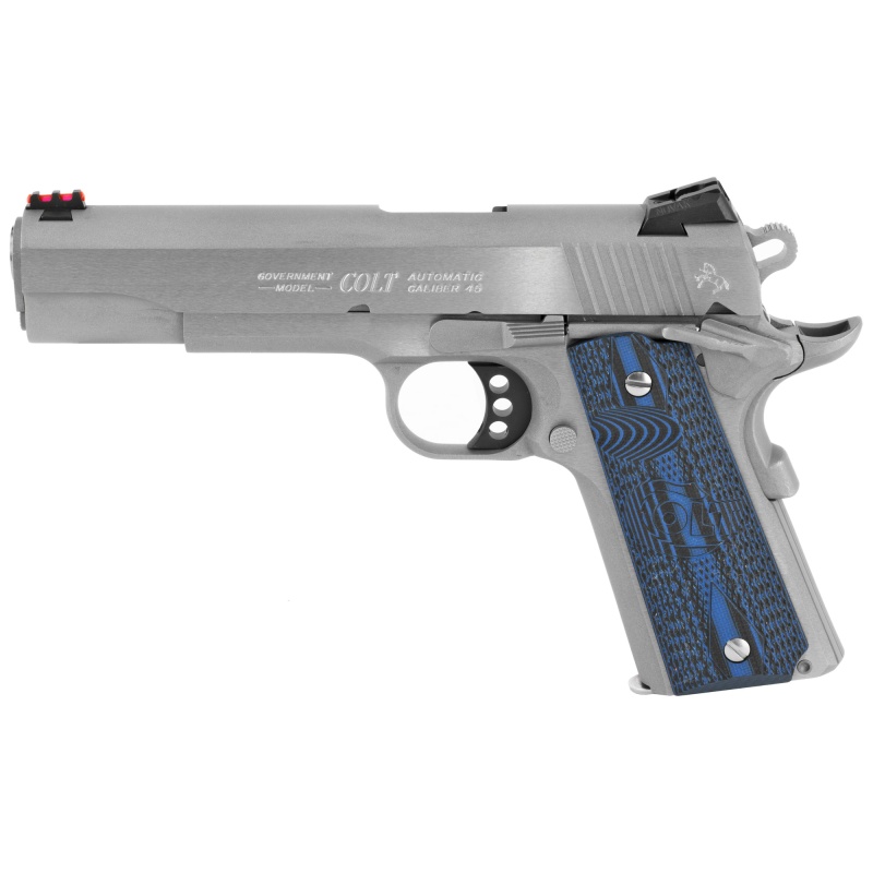 Colt's Manufacturing, Competition Ss, Semi-Automatic, Metal Frame Pistol, Full Size, 45Acp, 5" Barrel, Steel, Stainless Finish, G10 Checkered Blue Grips, Novak Red Fiber Optic Front Sight, Novak Adjustable Rear Sight, 8 Rounds, 1 Magazine, Series 70 Firing System