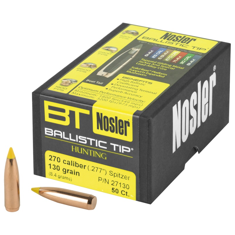 Nosler, Ballistic Tip, .277 Diameter, 270 Caliber, 130 Grain, Spitzer Boat Tail, 50 Count