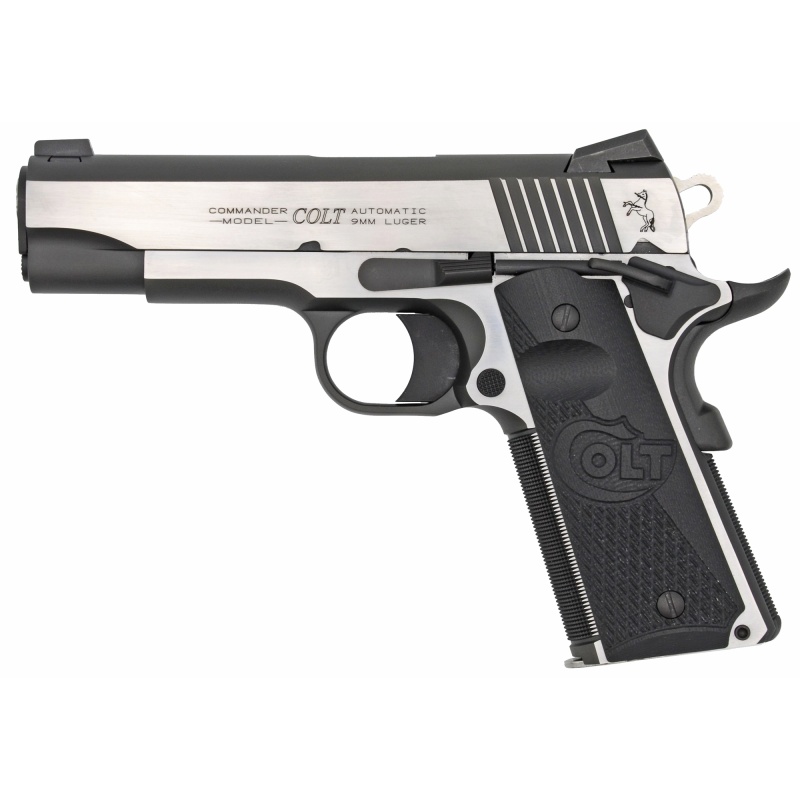 Colt's Manufacturing, Combat Elite Commander, 1911, Semi-Automatic, Metal Frame Pistol, Commander Size, 9Mm, 4.25" Barrel, Steel, Two-Tone Finish, G10 Grips, Novak Night Sights, Ambidextrous Thumb Safety, 9 Rounds, 1 Magazine, Upswept Beavertail Grip Safety