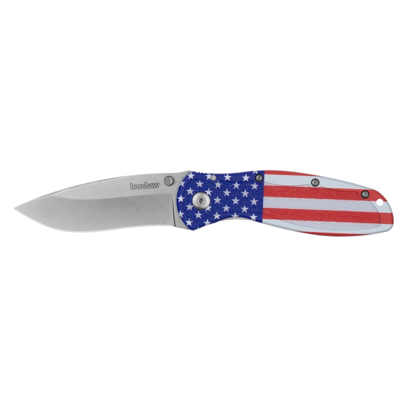 Kershaw, Blur, Folding Knife/Assisted Opening, 3.4" Recurve Blade, 14C28n Blade Steel, 7.9" Overall Length, Stonewashed Finish, Silver, Red/White/Blue Usa Flag Aluminum Handle