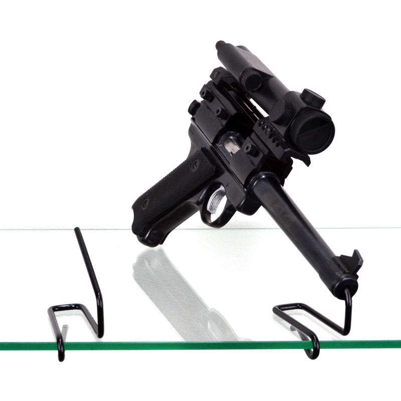 Gun Storage Solutions, Handgun Front Kikstands, Vinyl Coated, Fits Guns As Small As .22 Caliber, 1 Per Stand, Attaches To Back Of Shelf, Black