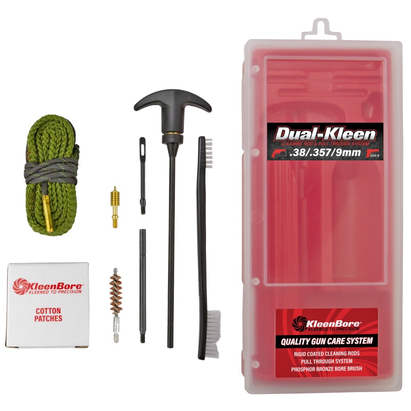 Kleen-Bore, Dual-Kleen, Includes Pull Through Rope Cleaner, Phosphor Bronze Bore Brush, Precision Barbed Point Jag, Black Steel Patch Holder, Cleaning Kit, 9Mm