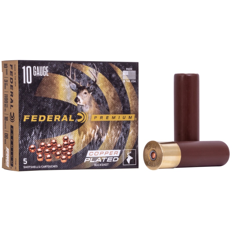 Federal, Copper Plated Buckshot, 10 Gauge 3.5", 00 Buck, 2 1/4Oz, 5 Round Box