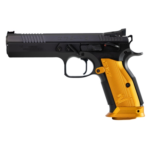 Cz, 75 Tactical Sport 2 Orange, Single Action Only, Semi-Automatic, Metal Frame Pistol, Full Size, 40 S&W, 5.2" Barrel, Steel, Polycoat Finish, Black, Orange Aluminum Grips, Fiber Optic Front/Fixed Rear, Ambidextrous Manual Safety, 17 Rounds, 3 Magazines