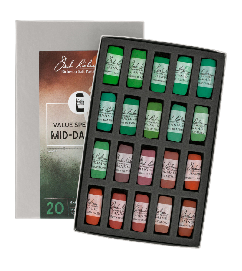 Richeson Soft Handrolled Pastels Set Of 20 - Color: Value Spectrum Mid-Darks 2