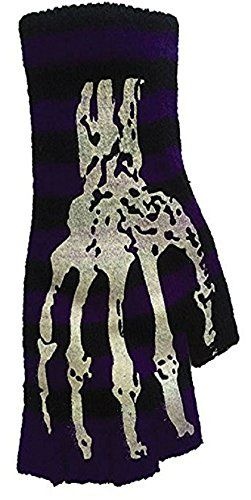 Halloween Wholesalers Striped Short Fingerless Gloves With Skeleton Print (Purple)
