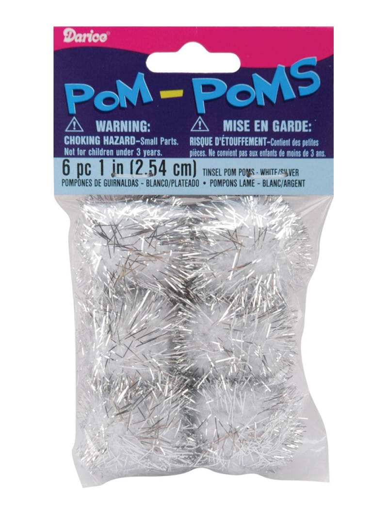 Tinsel Pom Poms White And Silver 1 Inch