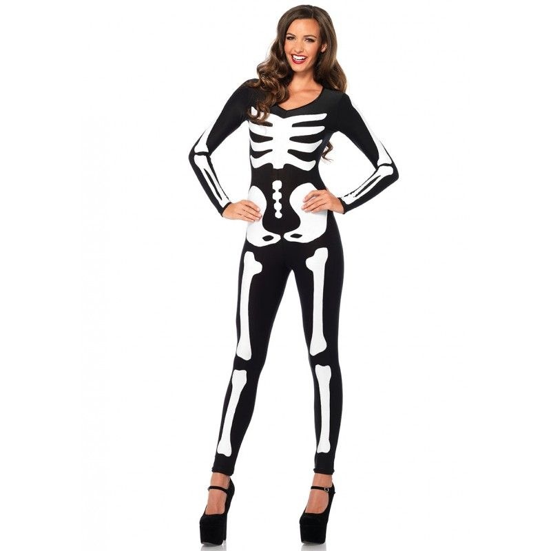 Leg Avenue Women's Spandex Printed Glow In The Dark Skeleton Catsuit Black And White Large