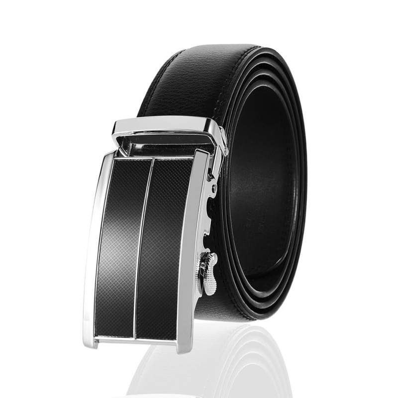 Black & Silver Buckle & Black Belt Adjustable Ratchet Slide Buckle Belt