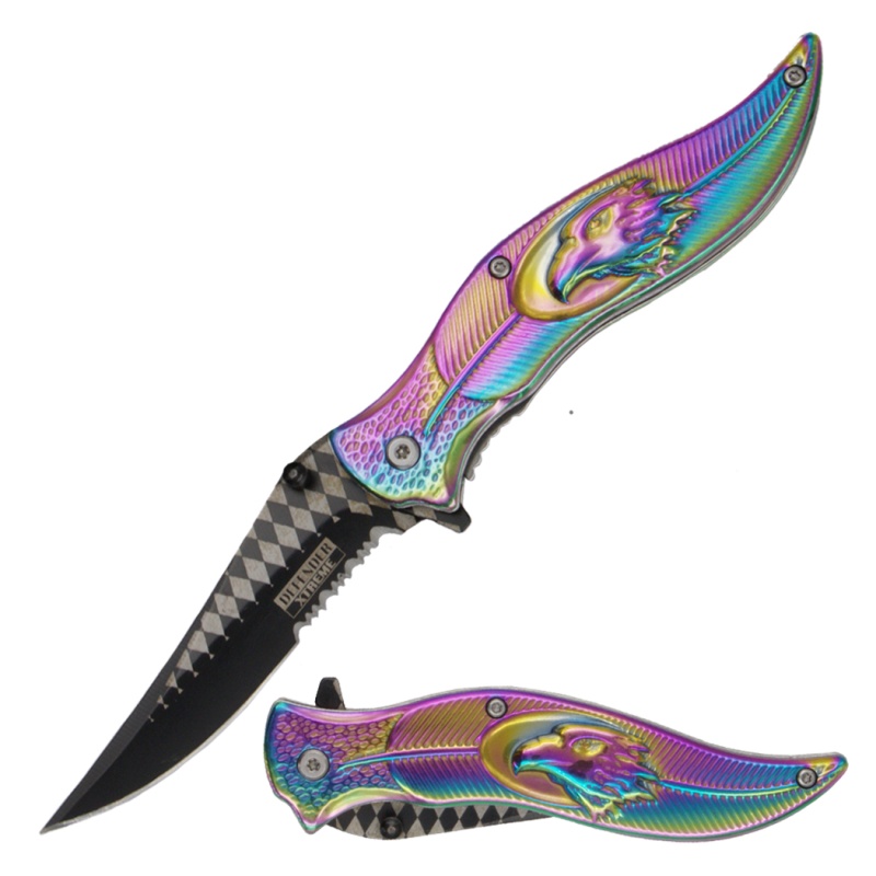Defender-Xtreme 8.5" Rainbow Titanium Coating Leaf Style Handle Spring Assisted Folding Knife