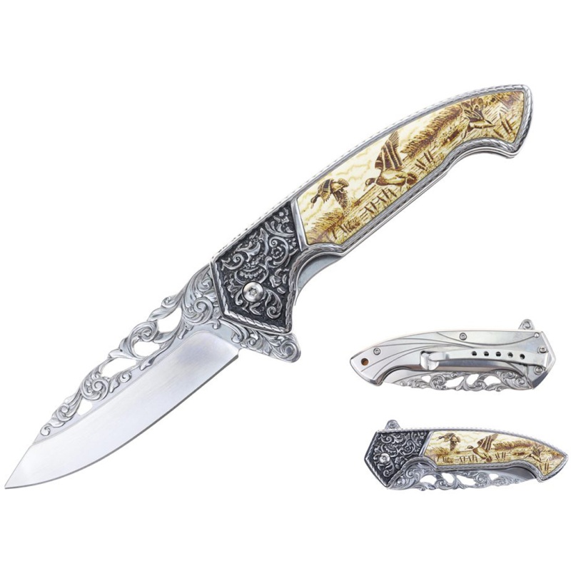8.25" Goose Design Pattern Handle Drop Point Bladeclassic Folding Knife