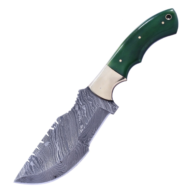 Theboneedge 10" Damascus Blade Tracker Hunting Knife Green Bone Handle With Leather Sheath